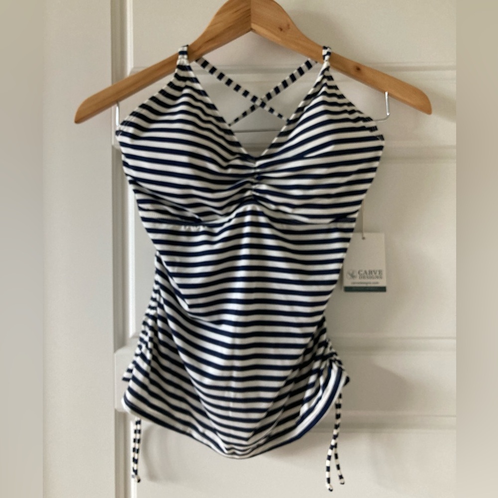 NWT Carve Designs Camari Tankini Swimsuit Top Navy Stripe 34DD